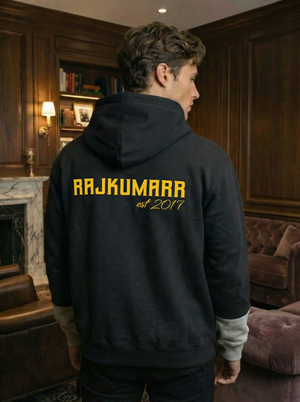 Rajkumarr black oversized hoodie back view – premium heavyweight streetwear UK