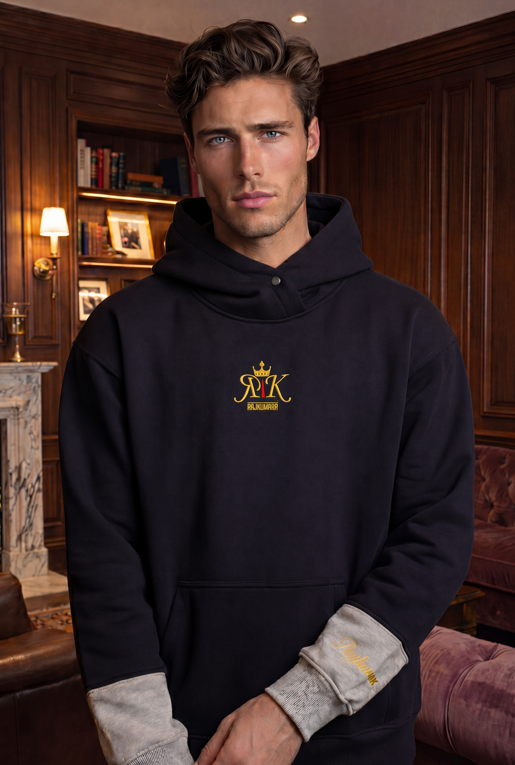 Rajkumarr men's black oversized hoodie front – gold embroidered logo heavyweight pullover