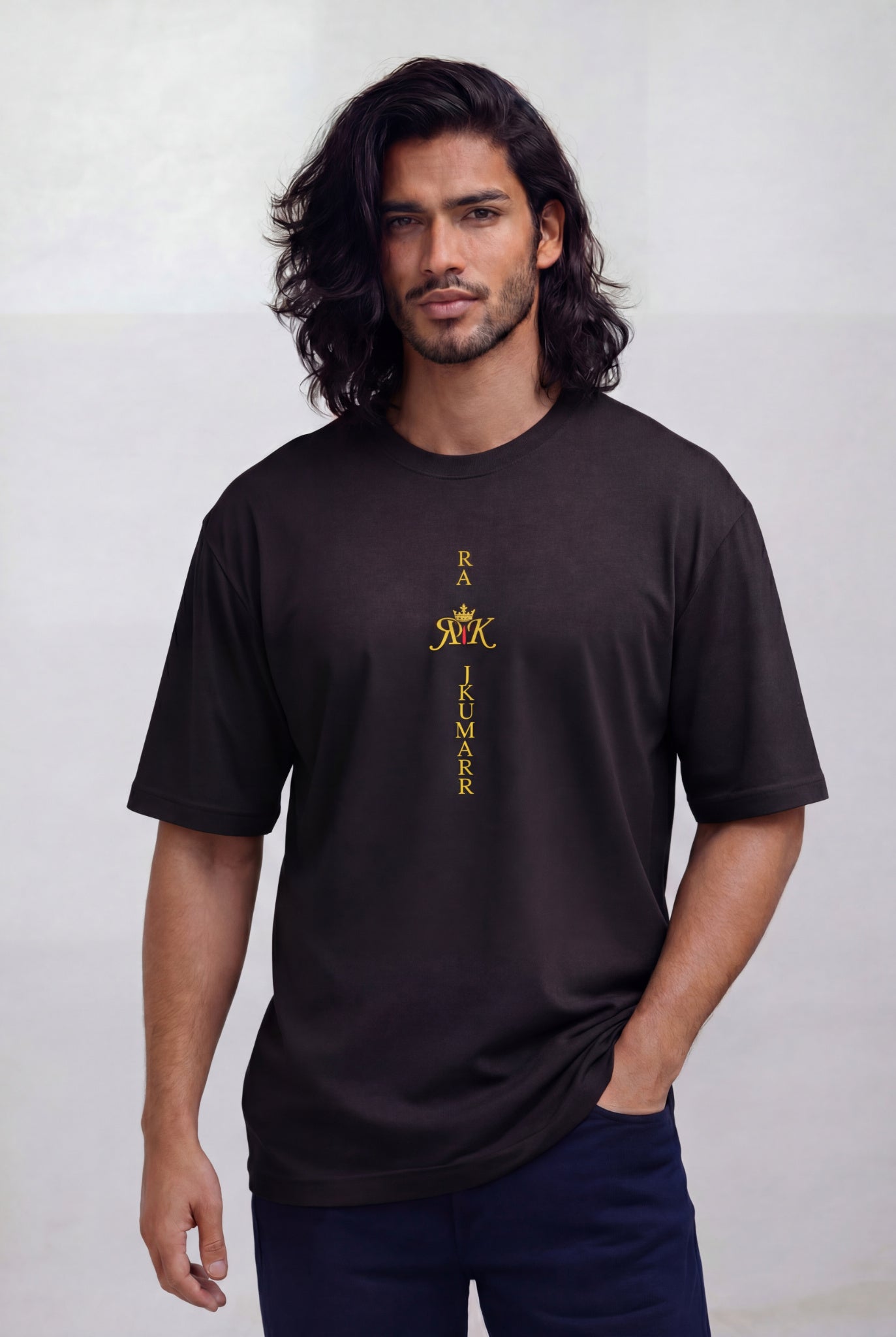 Rajkumarr men's black oversized t-shirt front view – structured fit streetwear tee