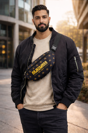 Rajkumarr black waist bag front view – streetwear crossbody bum bag for men UK