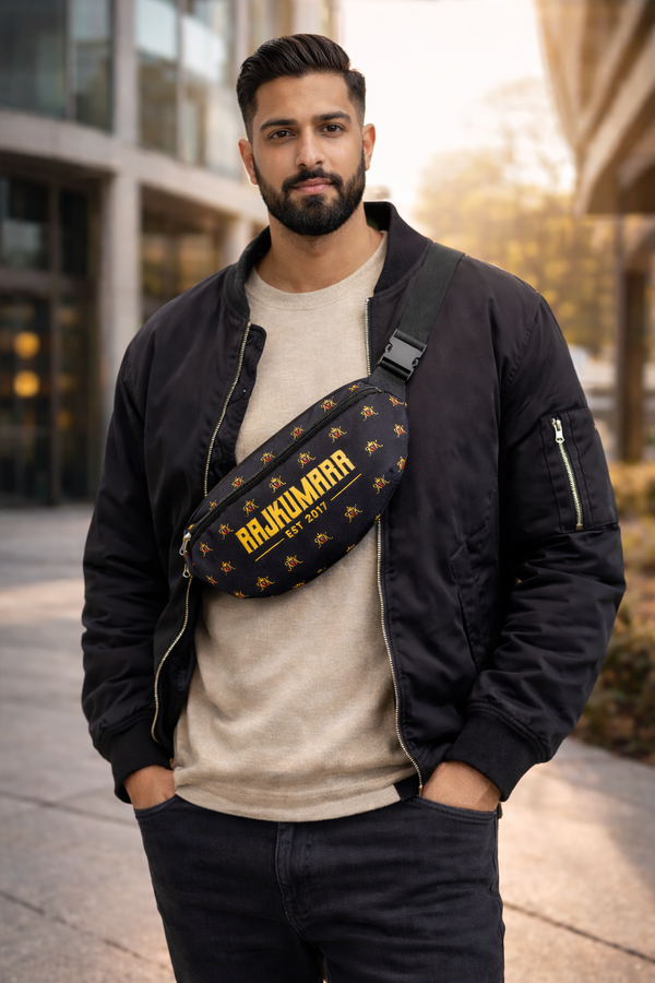 Rajkumarr black waist bag front view – streetwear crossbody bum bag for men UK