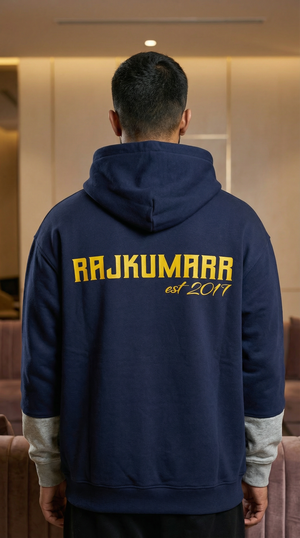 Rajkumarr navy blue oversized hoodie back view – premium heavyweight streetwear UK