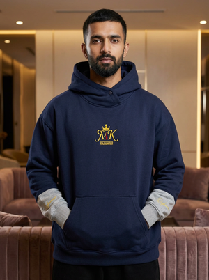 Rajkumarr men's navy blue oversized hoodie front – gold embroidered logo heavyweight pullover