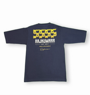 Rajkumarr navy blue oversized t-shirt back view – clean silhouette premium streetwear