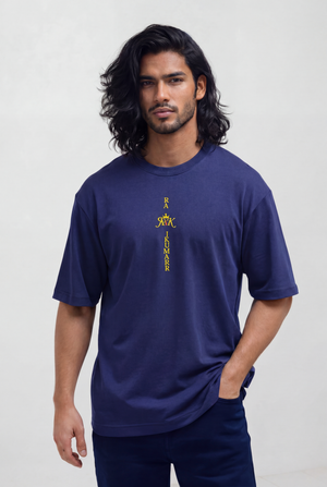 Rajkumarr men's navy blue oversized t-shirt front view – heavyweight streetwear tee