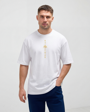 Rajkumarr men's white oversized t-shirt front view – premium heavyweight streetwear tee
